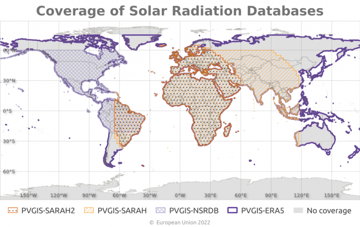 Figure shows the areas covered by each of the solar radiation databases